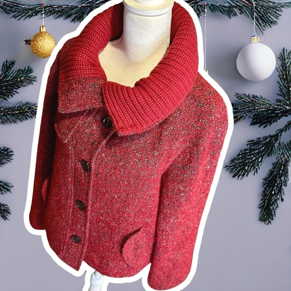 Akris Punto RARE Red Wool & Mohair-Blend Button-Up Coat with Cashmere Knit Trim - Picture 11 of 16